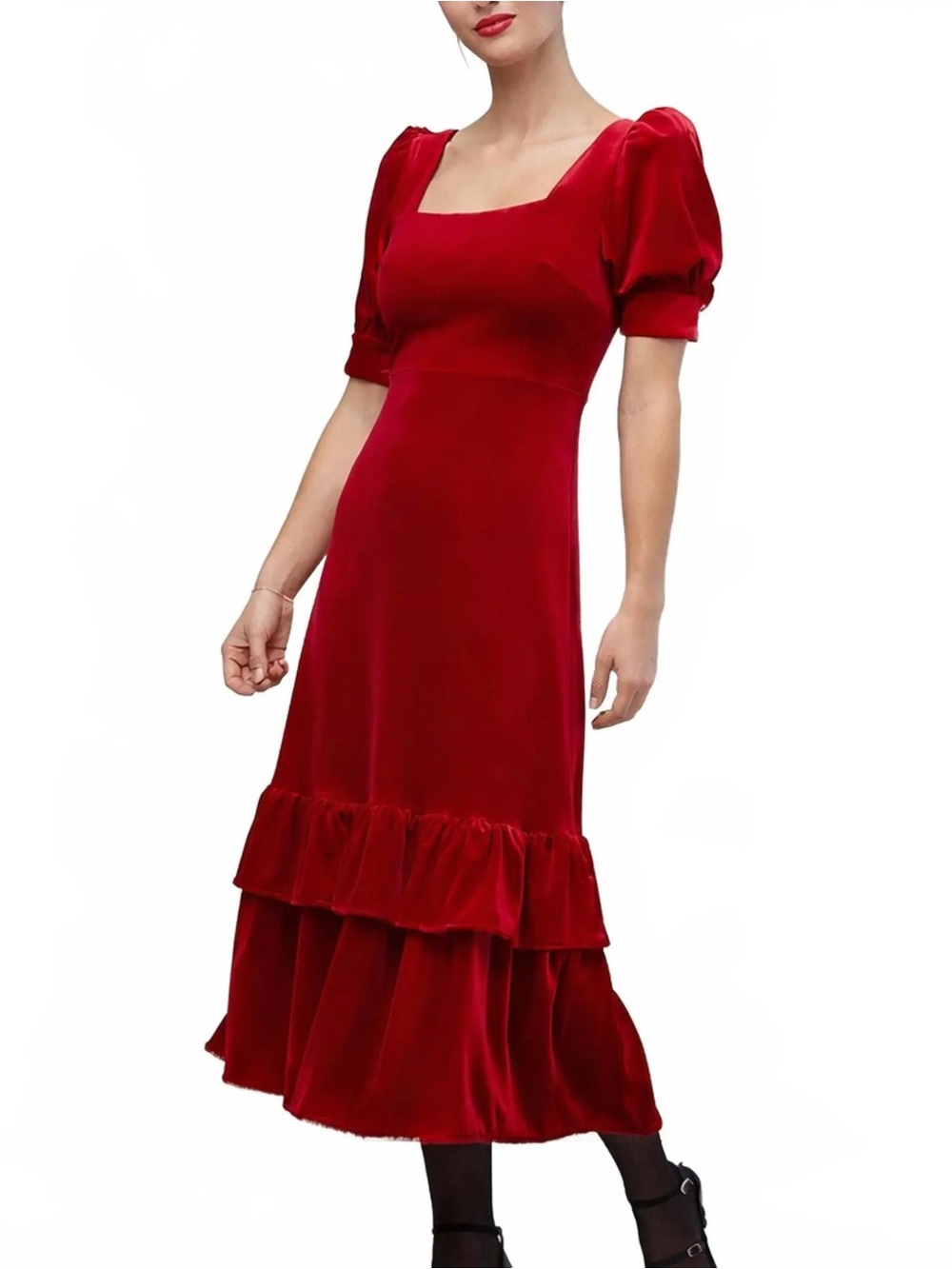 Rachel Parcell Red Velvet Puff Sleeve Midi Dress M Square Neck Ruffle Holiday